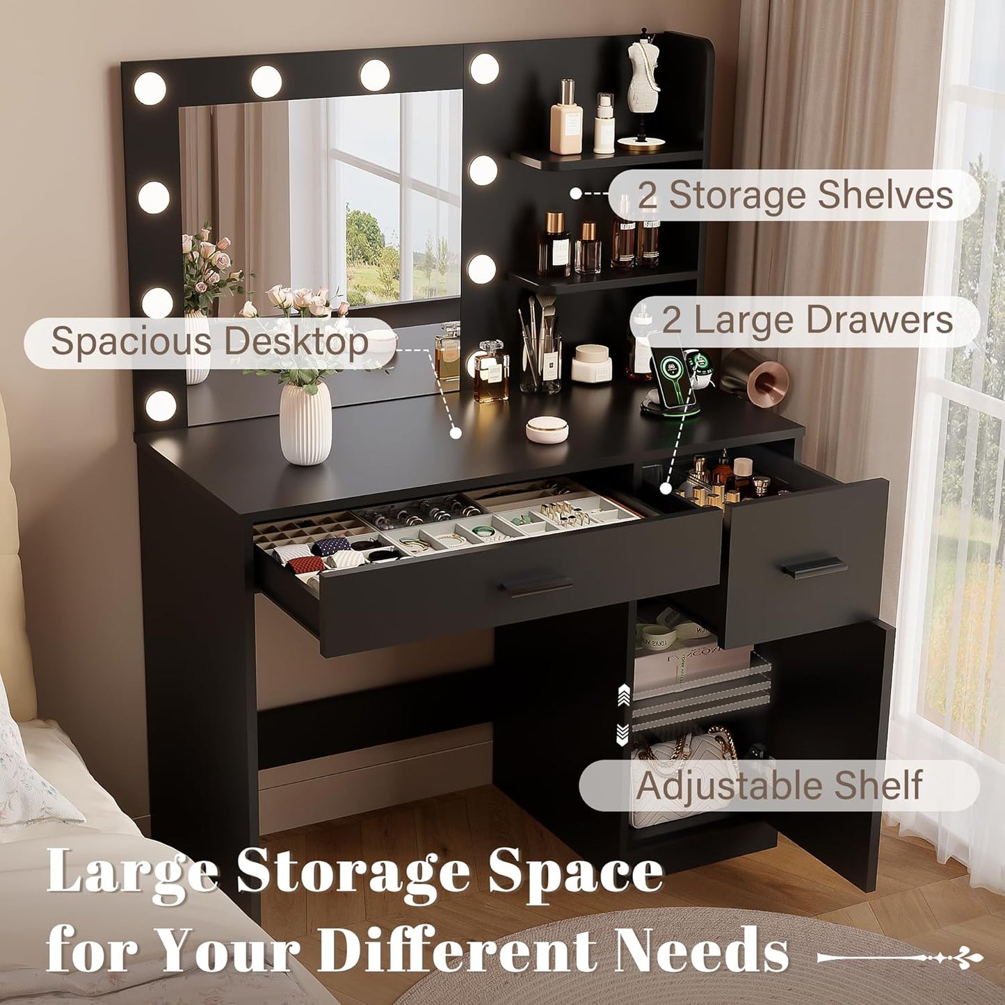 35.4" Makeup Vanity Desk with Mirror & Power Outlet, Black | 10 LED Lights, 3 Color Modes,2 Drawers, 1 Cabinet & 3 Shelves for Bedroom