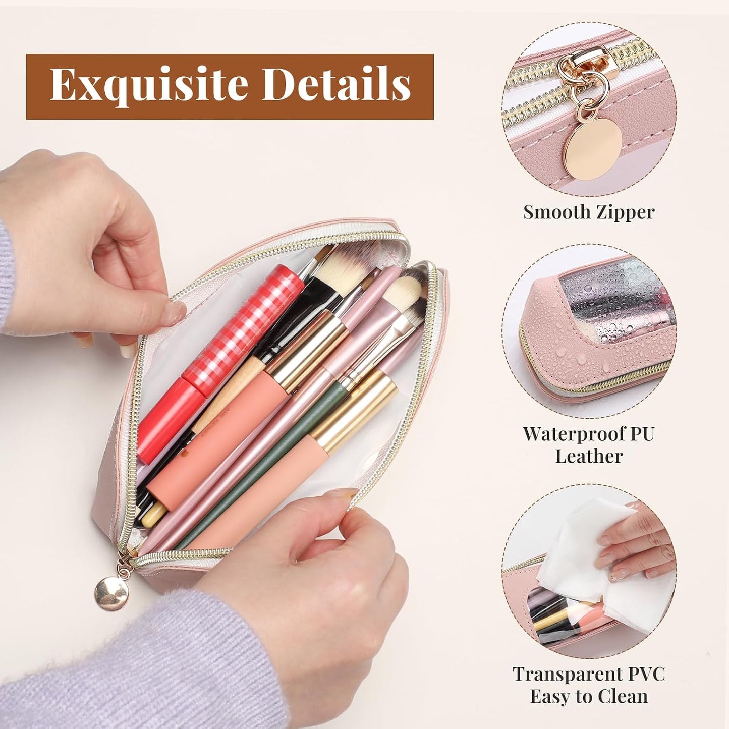 Clear Makeup Bag PU Leather Makeup Brush Case Makeup Bag for Purse | Small Makeup Bag Pink Makeup Brush Travel Case Clear Makeup Pouch Mini Makeup Bag for Purse
