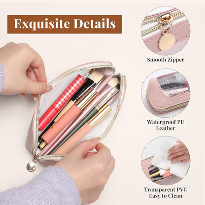 Clear Makeup Bag PU Leather Makeup Brush Case Makeup Bag for Purse | Small Makeup Bag Pink Makeup Brush Travel Case Clear Makeup Pouch Mini Makeup Bag for Purse