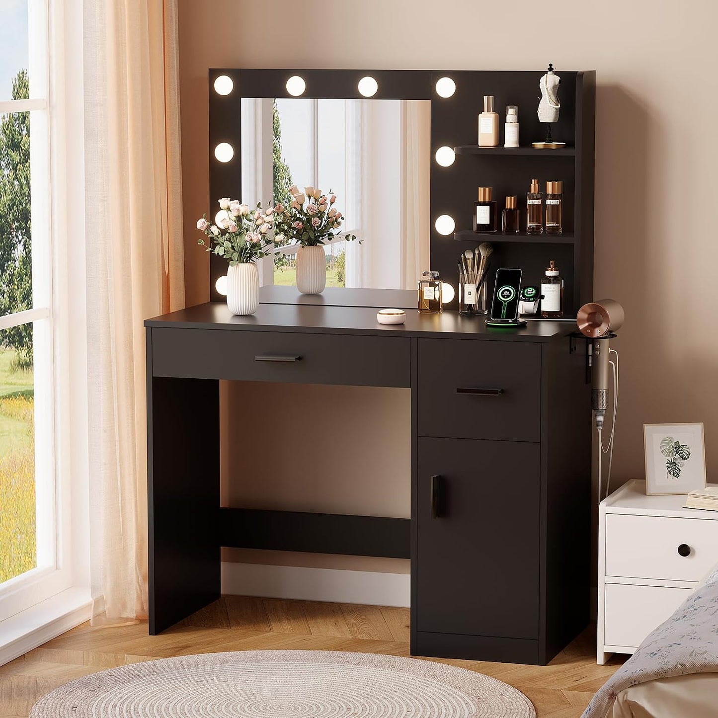 35.4" Makeup Vanity Desk with Mirror & Power Outlet, Black | 10 LED Lights, 3 Color Modes,2 Drawers, 1 Cabinet & 3 Shelves for Bedroom
