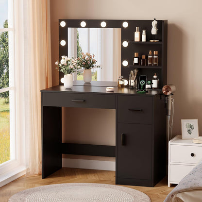 35.4" Makeup Vanity Desk with Mirror & Power Outlet, Black | 10 LED Lights, 3 Color Modes,2 Drawers, 1 Cabinet & 3 Shelves for Bedroom