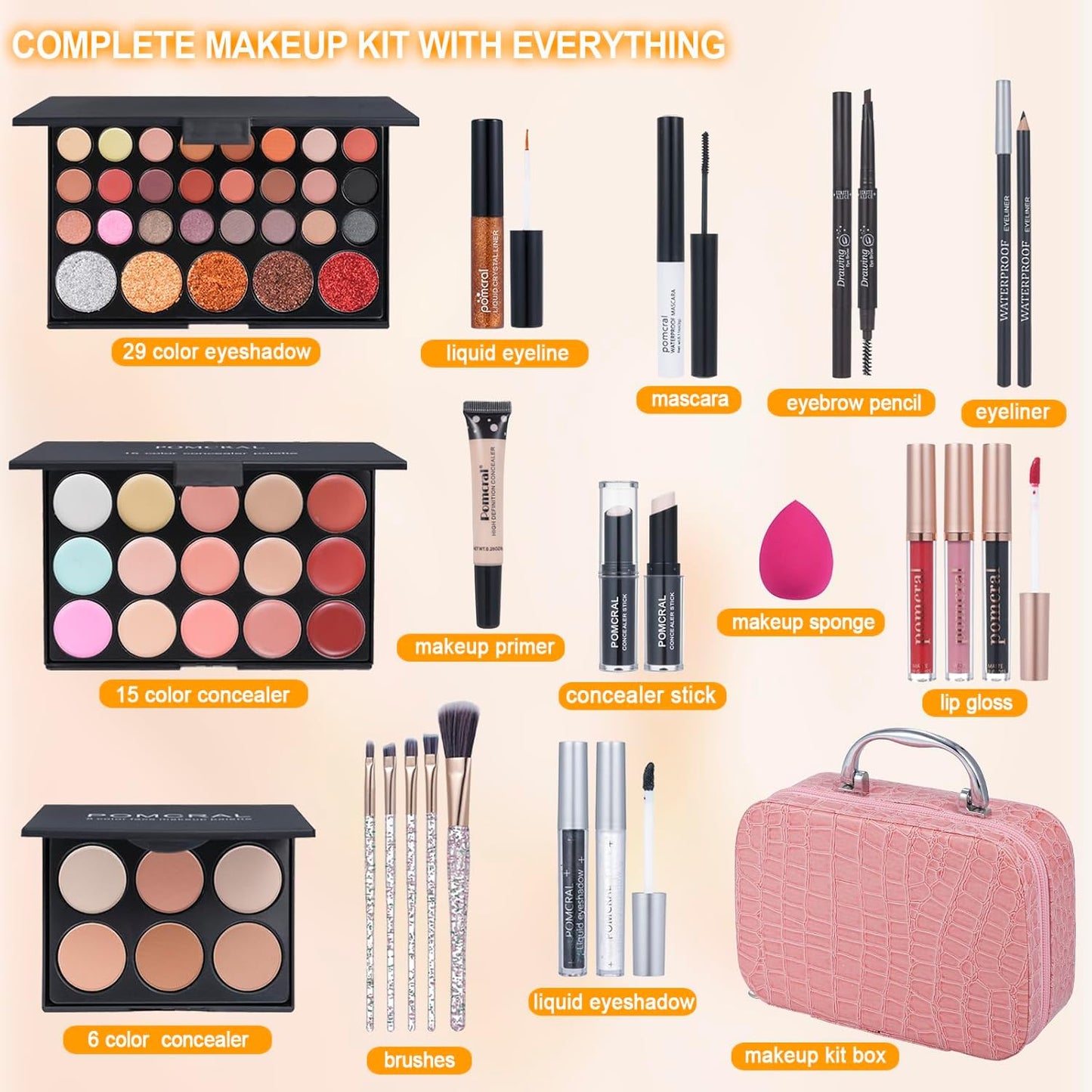Professional Make up Kit,Makeup Kit for Girls, Makeup Set for Women Eyeshadow Palettes, Lip Colors, Makeup Brush Set,Makeup Bag (Pink)
