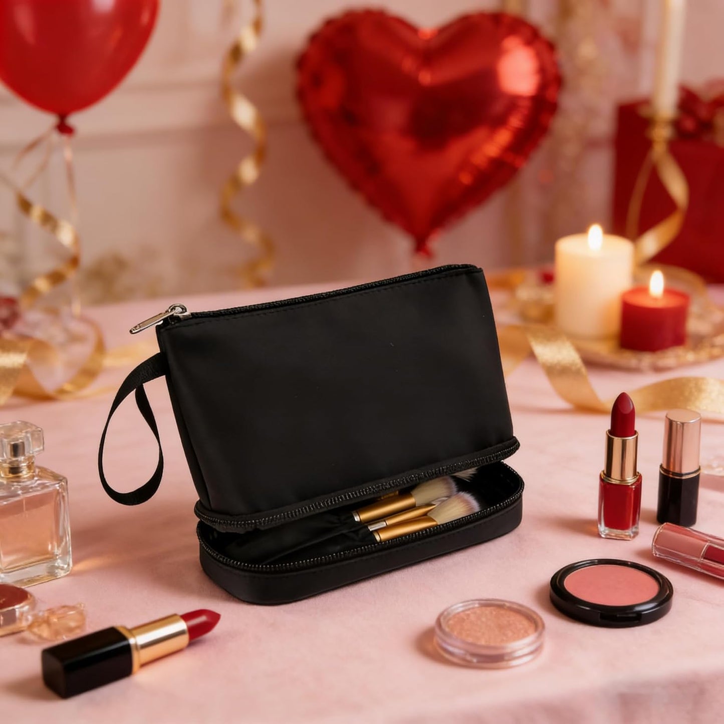 Small Makeup Bag 2 Layers Travel Cosmetic Bag with Makeup Brush Compartment | Compact Lightweight Portable Convenient Brushes Separate Organizer Travel Essentials Gifts for Women/Girls