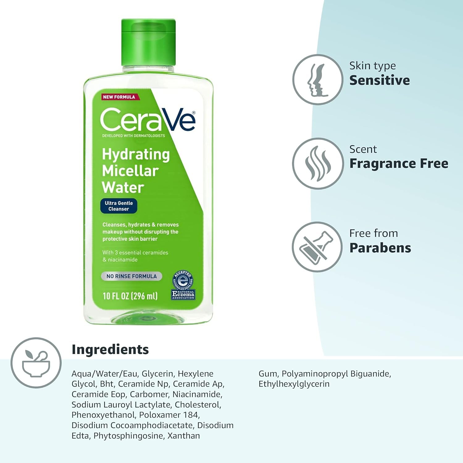Micellar Water, Hydrating Facial Cleanser & Eye Makeup Remover, 10Oz | Rinse-Free Skin Care Formula with Ceramides and Glycerin Acts as a Gentle Daily Makeup Remover Suitable for Sensitive Skin
