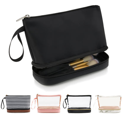 Small Makeup Bag 2 Layers Travel Cosmetic Bag with Makeup Brush Compartment | Compact Lightweight Portable Convenient Brushes Separate Organizer Travel Essentials Gifts for Women/Girls