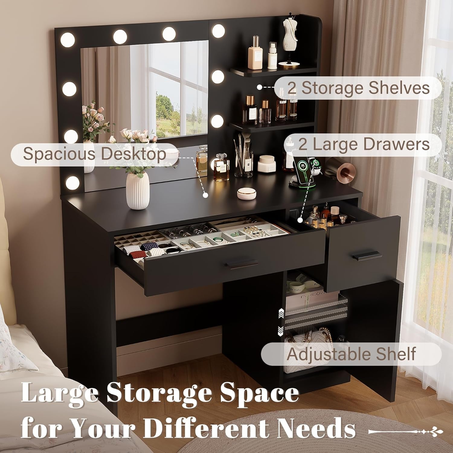 35.4" Makeup Vanity Desk with Mirror & Power Outlet, Black | 10 LED Lights, 3 Color Modes,2 Drawers, 1 Cabinet & 3 Shelves for Bedroom