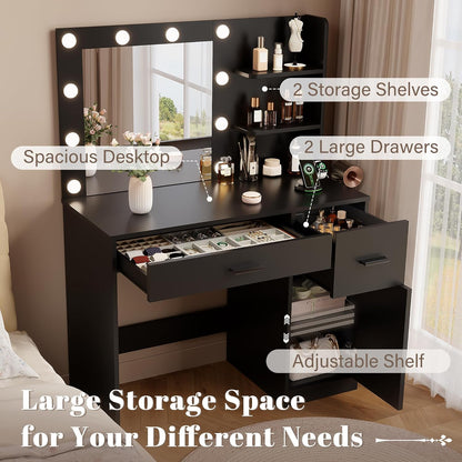 35.4" Makeup Vanity Desk with Mirror & Power Outlet, Black | 10 LED Lights, 3 Color Modes,2 Drawers, 1 Cabinet & 3 Shelves for Bedroom