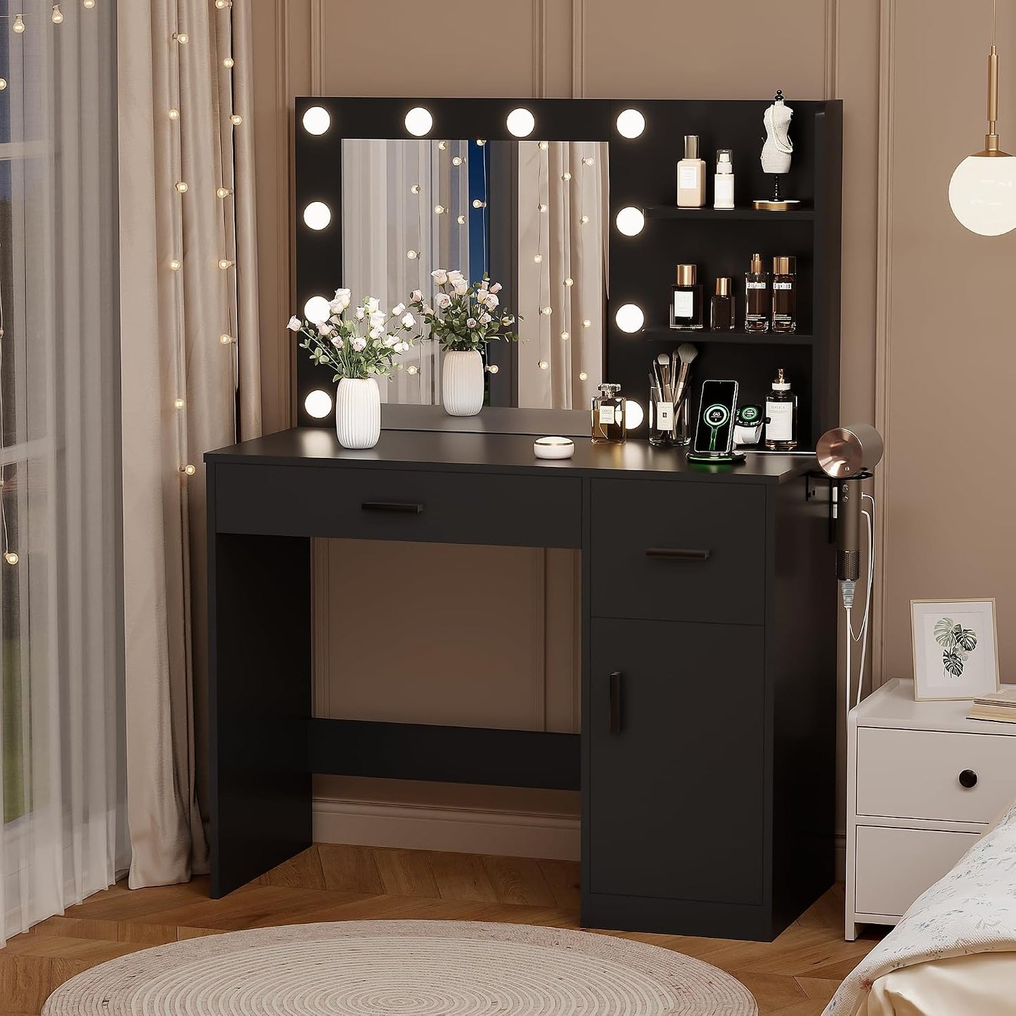 35.4" Makeup Vanity Desk with Mirror & Power Outlet, Black | 10 LED Lights, 3 Color Modes,2 Drawers, 1 Cabinet & 3 Shelves for Bedroom