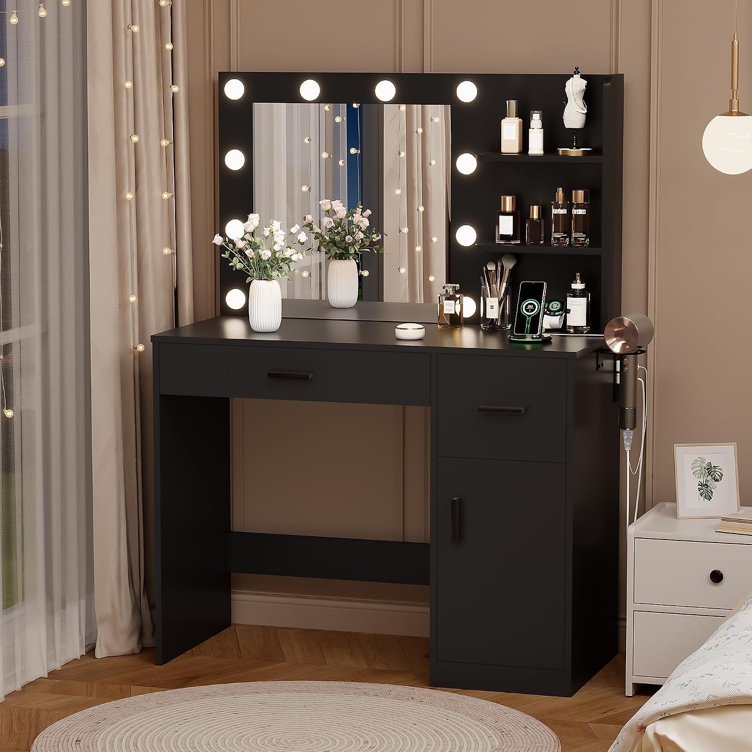 35.4" Makeup Vanity Desk with Mirror & Power Outlet, Black | 10 LED Lights, 3 Color Modes,2 Drawers, 1 Cabinet & 3 Shelves for Bedroom