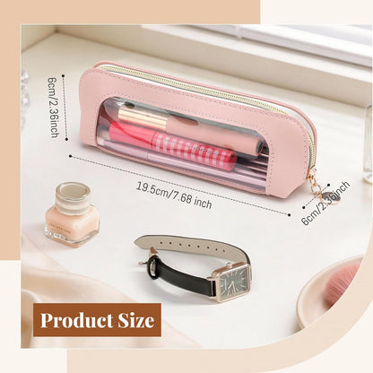 Clear Makeup Bag PU Leather Makeup Brush Case Makeup Bag for Purse | Small Makeup Bag Pink Makeup Brush Travel Case Clear Makeup Pouch Mini Makeup Bag for Purse