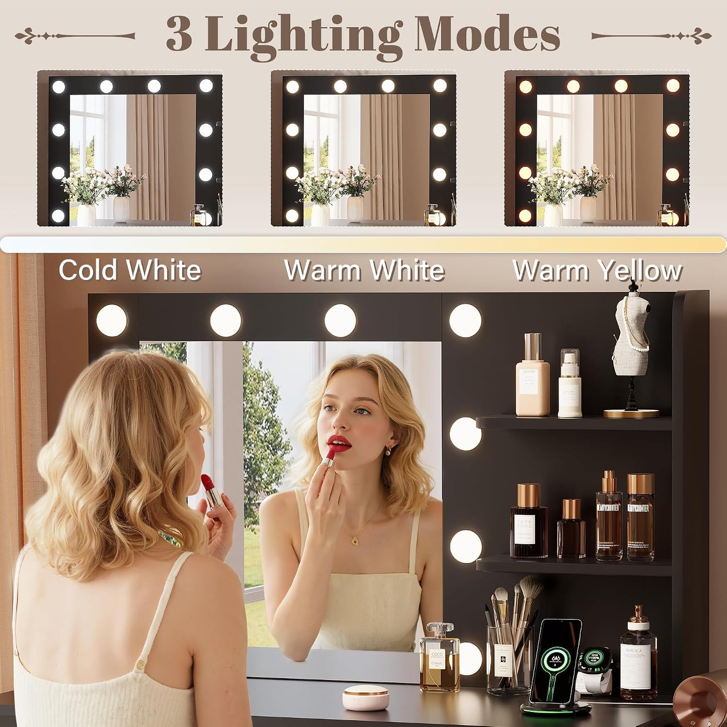 35.4" Makeup Vanity Desk with Mirror & Power Outlet, Black | 10 LED Lights, 3 Color Modes,2 Drawers, 1 Cabinet & 3 Shelves for Bedroom