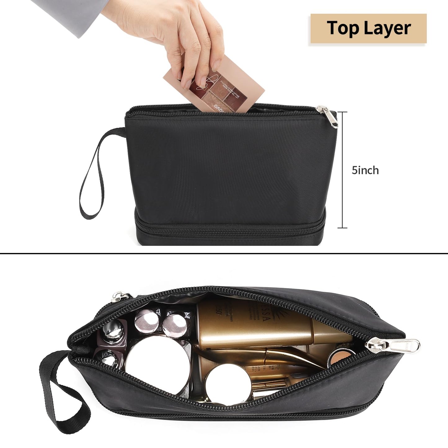 Small Makeup Bag 2 Layers Travel Cosmetic Bag with Makeup Brush Compartment | Compact Lightweight Portable Convenient Brushes Separate Organizer Travel Essentials Gifts for Women/Girls