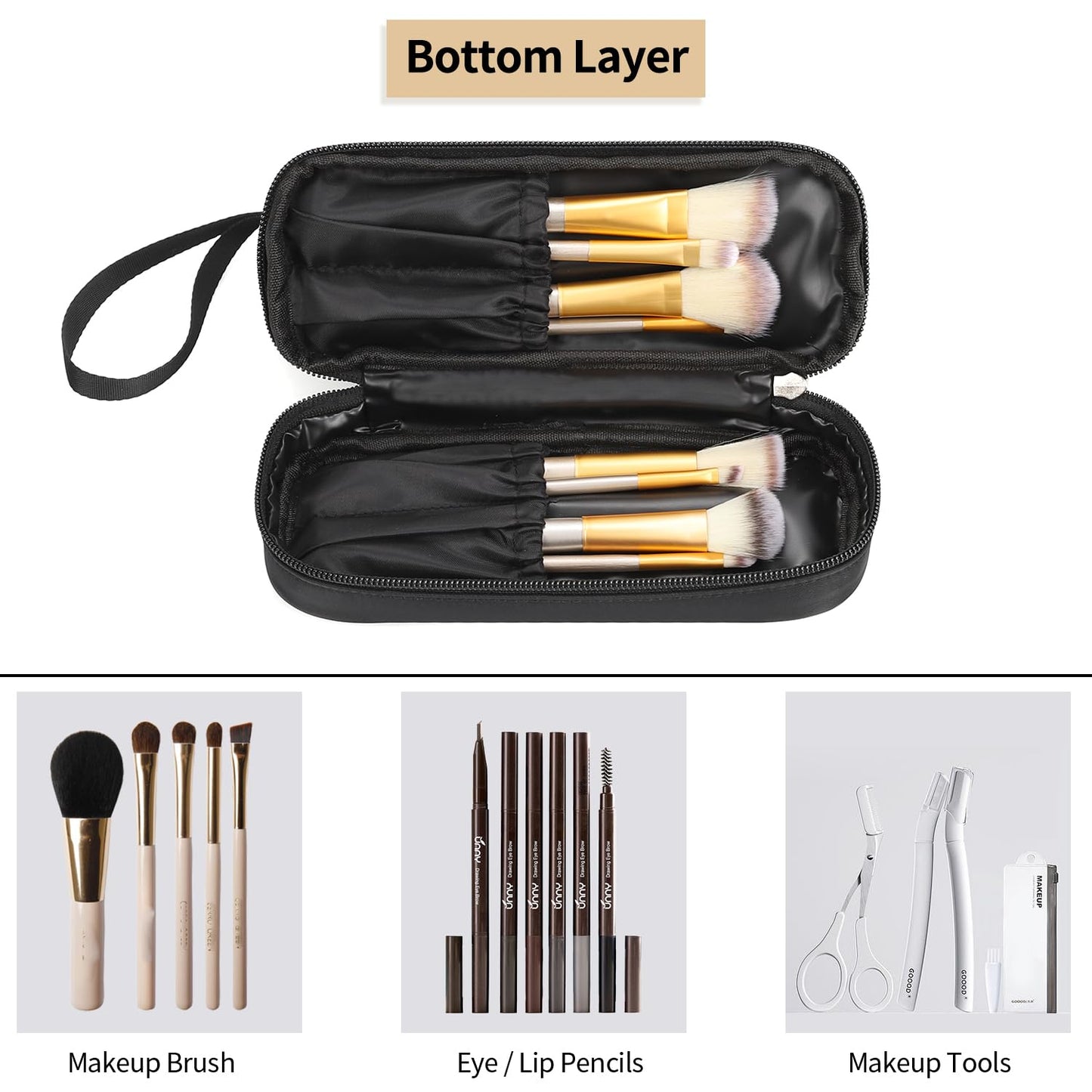 Small Makeup Bag 2 Layers Travel Cosmetic Bag with Makeup Brush Compartment | Compact Lightweight Portable Convenient Brushes Separate Organizer Travel Essentials Gifts for Women/Girls
