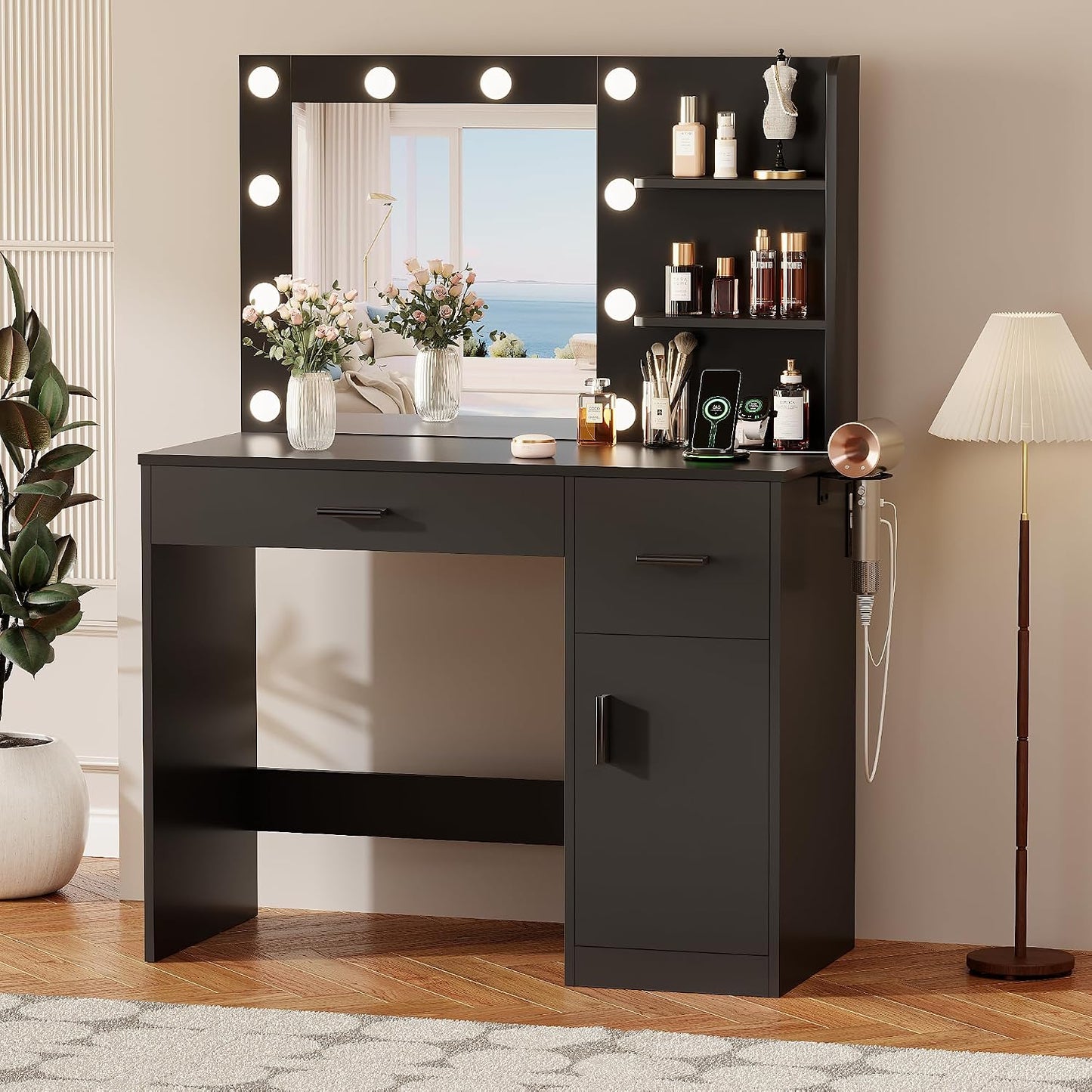 35.4" Makeup Vanity Desk with Mirror & Power Outlet, Black | 10 LED Lights, 3 Color Modes,2 Drawers, 1 Cabinet & 3 Shelves for Bedroom