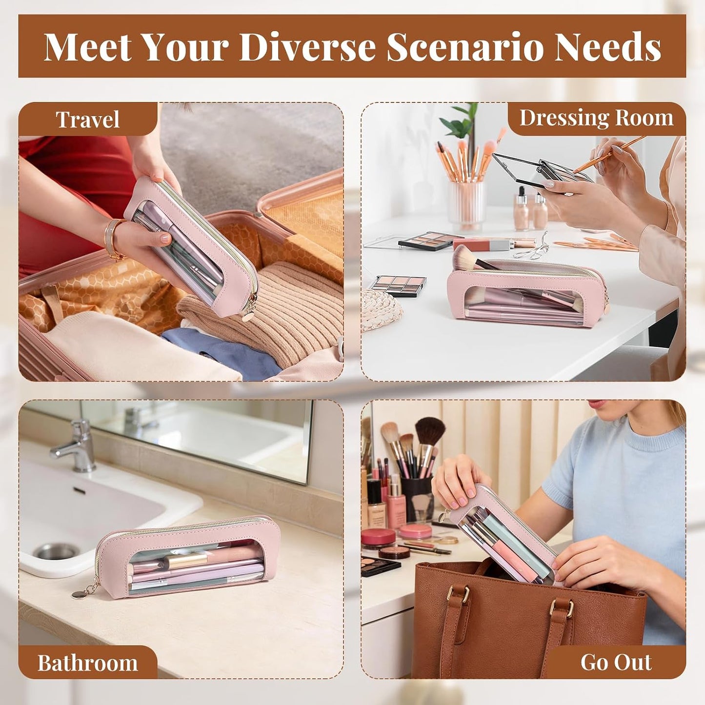 Clear Makeup Bag PU Leather Makeup Brush Case Makeup Bag for Purse | Small Makeup Bag Pink Makeup Brush Travel Case Clear Makeup Pouch Mini Makeup Bag for Purse