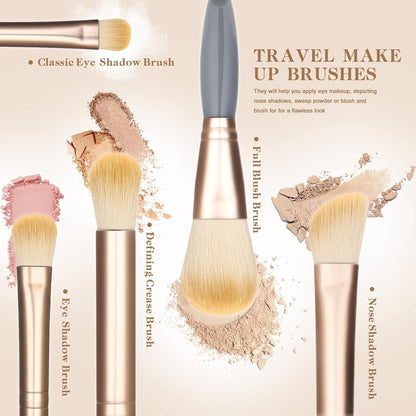 Eye Shadow Brush Set，Travel Makeup Brush Set with Case，Teen Brushes Makeup with Mirror，Kids Small Makeup Brush Kit，Girls Cosmetic Eyeshadow Brushes for Purse, Make up Brushed (Blue)