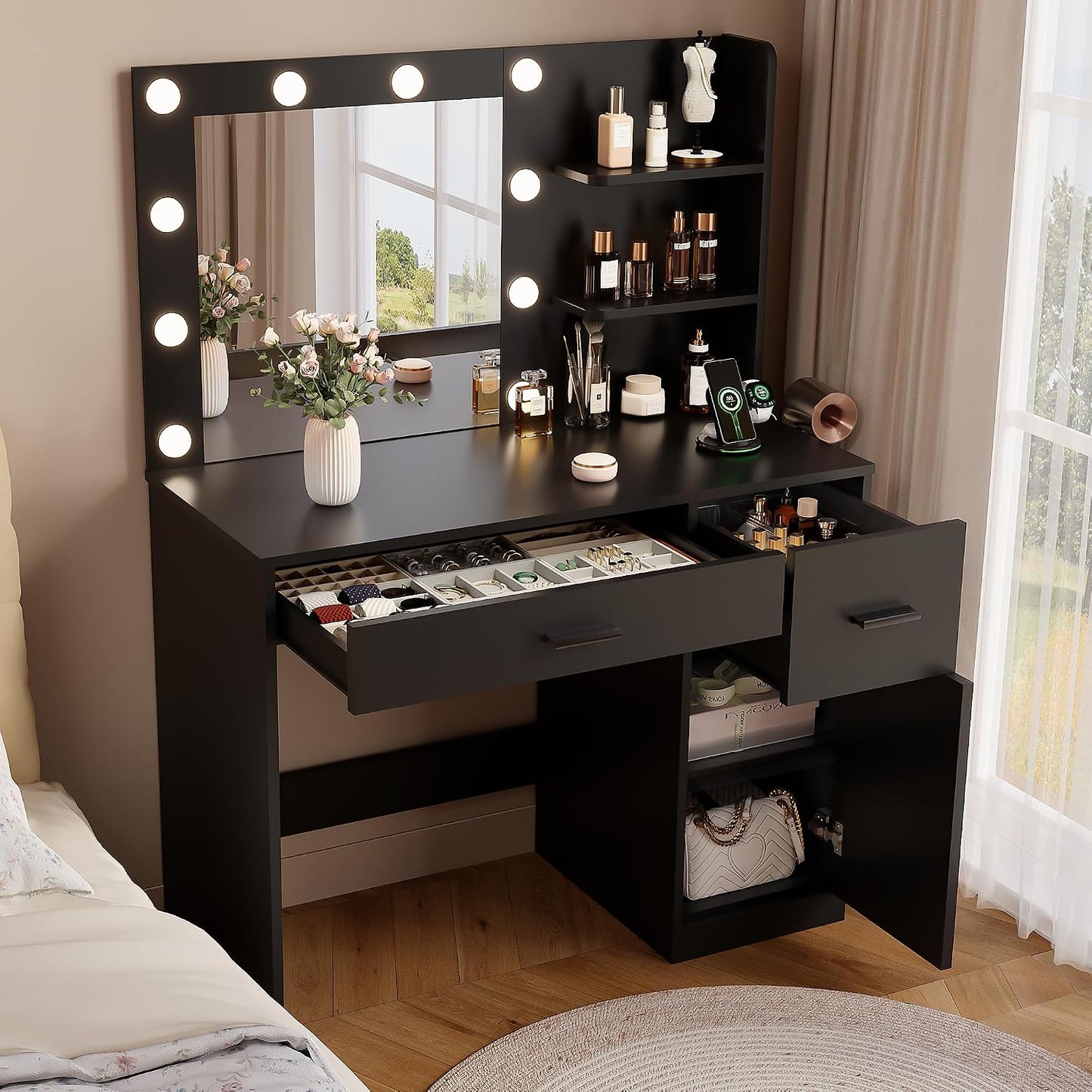 35.4" Makeup Vanity Desk with Mirror & Power Outlet, Black | 10 LED Lights, 3 Color Modes,2 Drawers, 1 Cabinet & 3 Shelves for Bedroom
