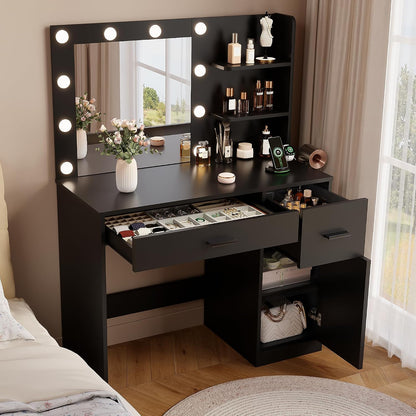 35.4" Makeup Vanity Desk with Mirror & Power Outlet, Black | 10 LED Lights, 3 Color Modes,2 Drawers, 1 Cabinet & 3 Shelves for Bedroom