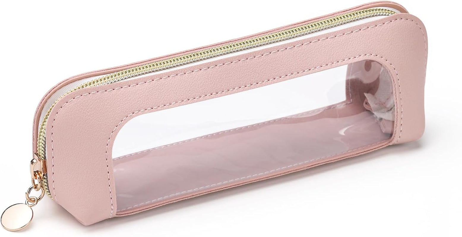 Clear Makeup Bag PU Leather Makeup Brush Case Makeup Bag for Purse | Small Makeup Bag Pink Makeup Brush Travel Case Clear Makeup Pouch Mini Makeup Bag for Purse