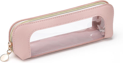 Clear Makeup Bag PU Leather Makeup Brush Case Makeup Bag for Purse | Small Makeup Bag Pink Makeup Brush Travel Case Clear Makeup Pouch Mini Makeup Bag for Purse