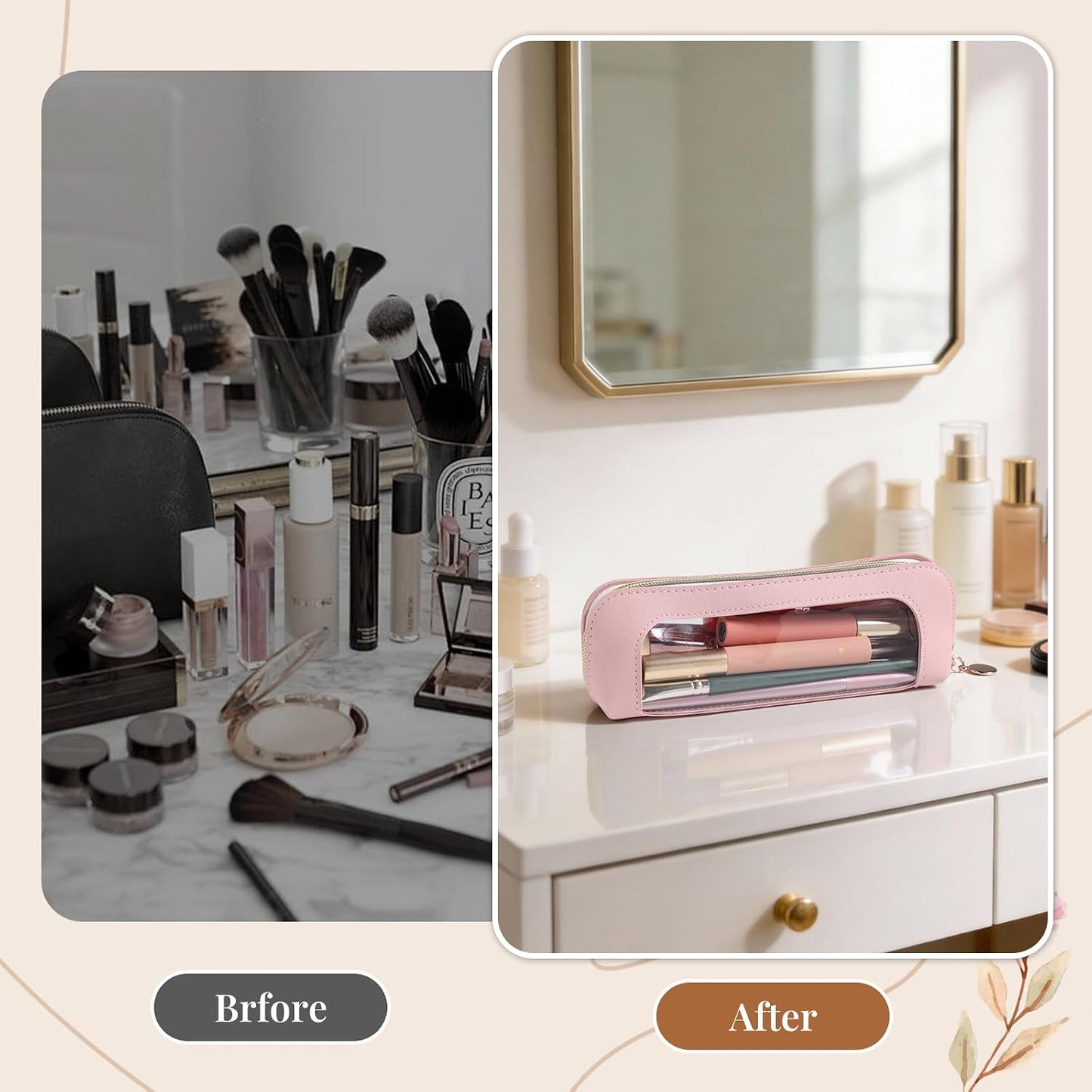 Clear Makeup Bag PU Leather Makeup Brush Case Makeup Bag for Purse | Small Makeup Bag Pink Makeup Brush Travel Case Clear Makeup Pouch Mini Makeup Bag for Purse