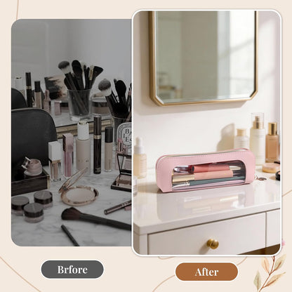 Clear Makeup Bag PU Leather Makeup Brush Case Makeup Bag for Purse | Small Makeup Bag Pink Makeup Brush Travel Case Clear Makeup Pouch Mini Makeup Bag for Purse
