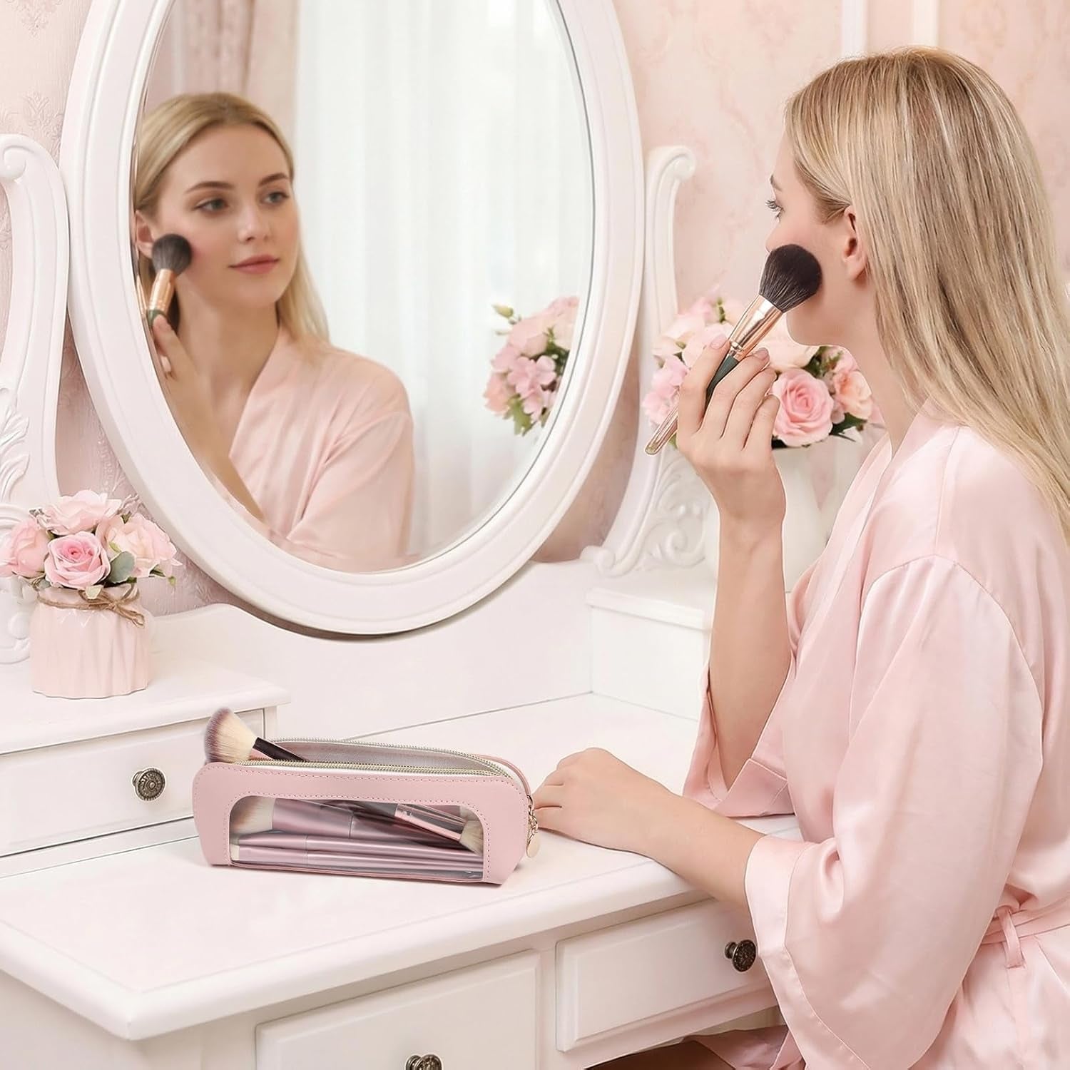 Clear Makeup Bag PU Leather Makeup Brush Case Makeup Bag for Purse | Small Makeup Bag Pink Makeup Brush Travel Case Clear Makeup Pouch Mini Makeup Bag for Purse