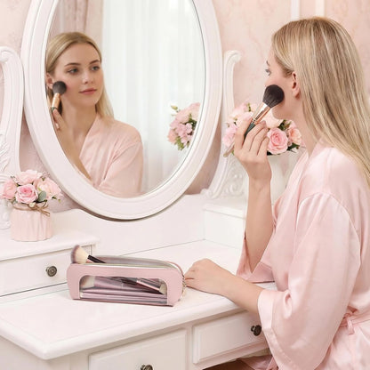 Clear Makeup Bag PU Leather Makeup Brush Case Makeup Bag for Purse | Small Makeup Bag Pink Makeup Brush Travel Case Clear Makeup Pouch Mini Makeup Bag for Purse