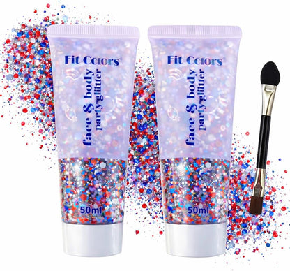 Patriotic Red White and Blue Face Hair Glitter Gel, 4Th of July Accessories 100Ml Sparkling Hair Body Glitter for Women Kids Makeup World Cup Team USA Independence Day Celebration(Usa+Usa)