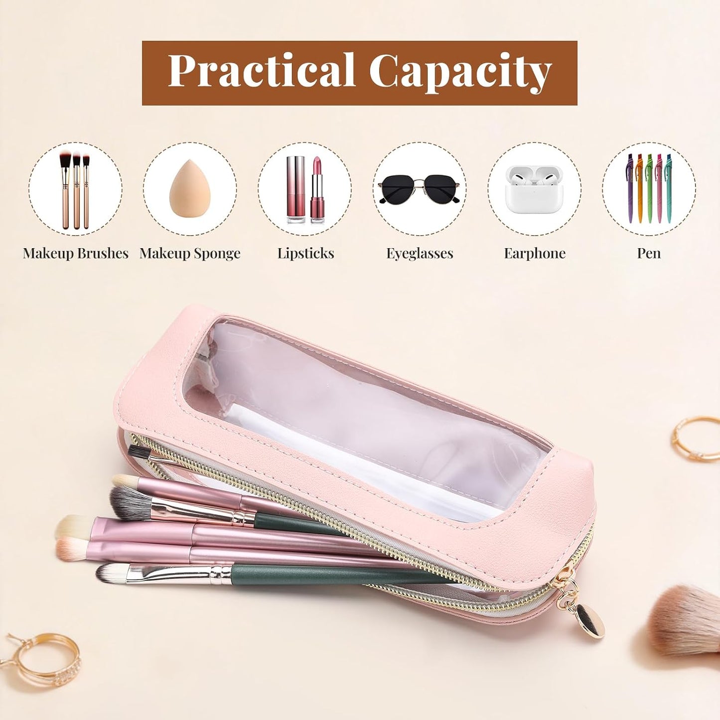 Clear Makeup Bag PU Leather Makeup Brush Case Makeup Bag for Purse | Small Makeup Bag Pink Makeup Brush Travel Case Clear Makeup Pouch Mini Makeup Bag for Purse