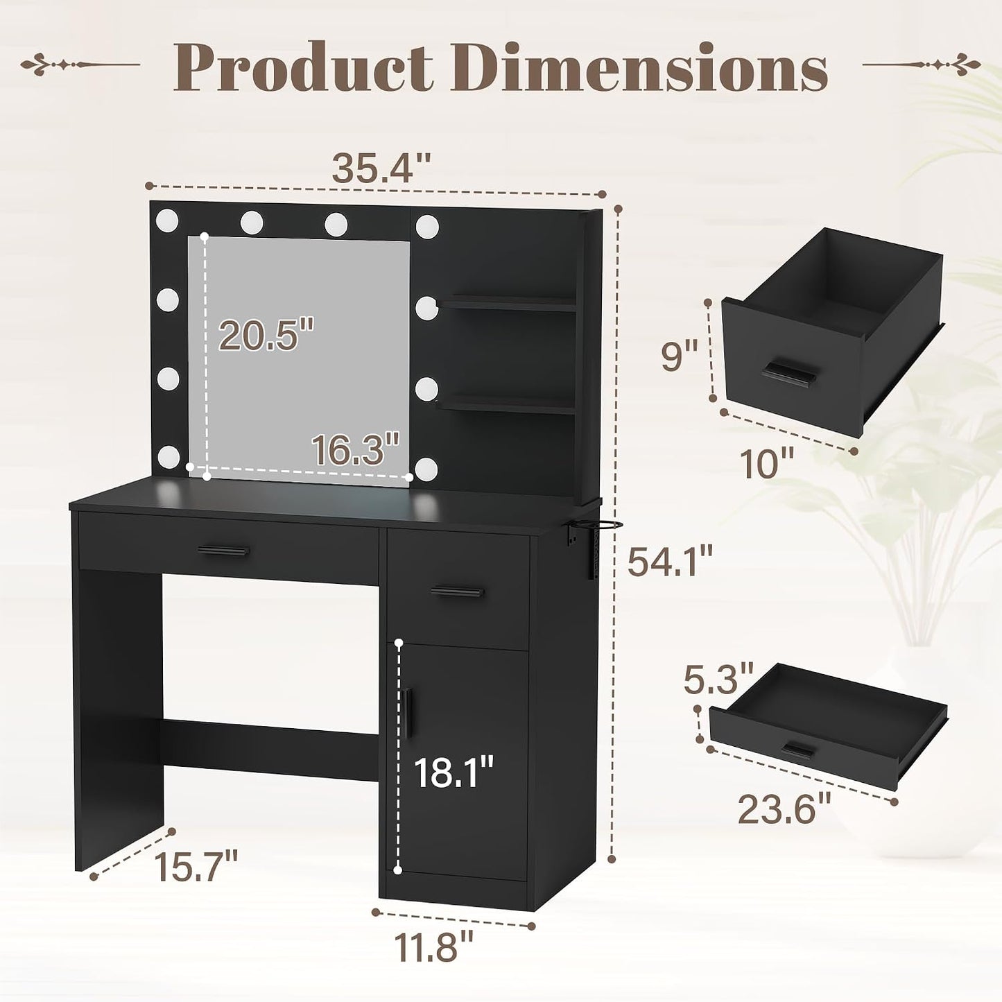 35.4" Makeup Vanity Desk with Mirror & Power Outlet, Black | 10 LED Lights, 3 Color Modes,2 Drawers, 1 Cabinet & 3 Shelves for Bedroom