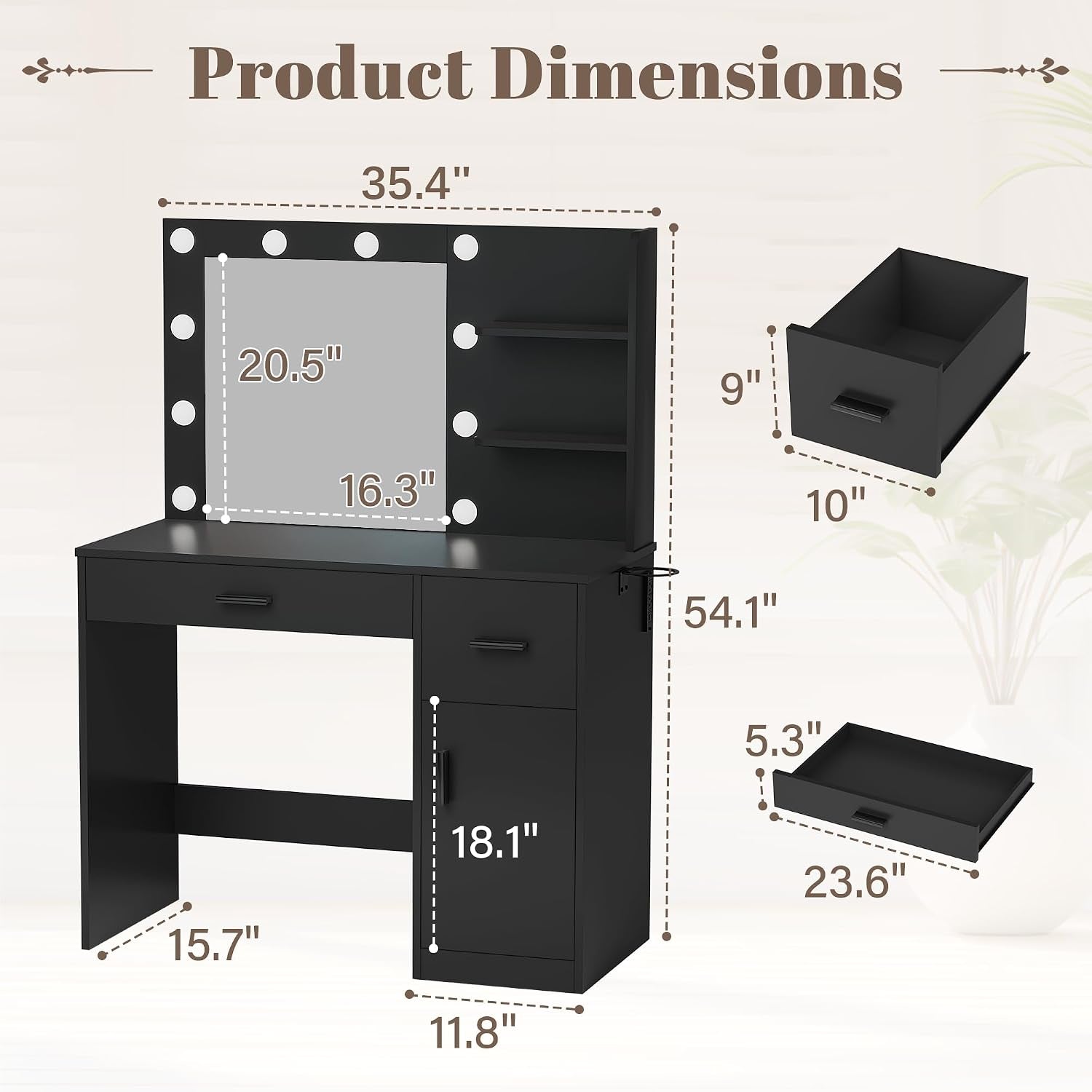 35.4" Makeup Vanity Desk with Mirror & Power Outlet, Black | 10 LED Lights, 3 Color Modes,2 Drawers, 1 Cabinet & 3 Shelves for Bedroom